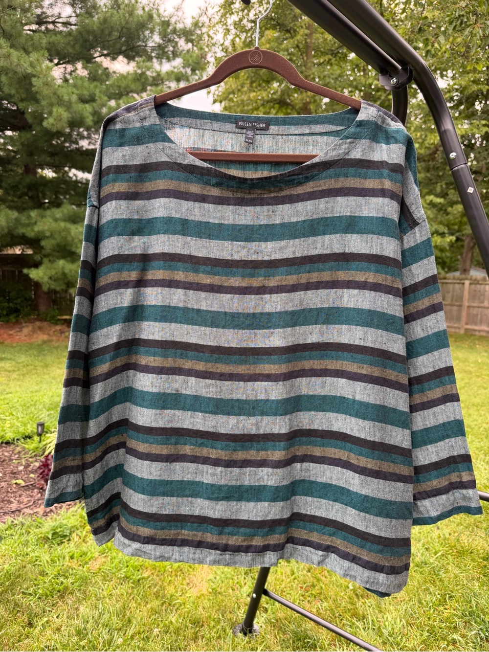 Eileen Fisher 100% Organic Linen Striped Boatneck Top XL Teal Green Blue Black